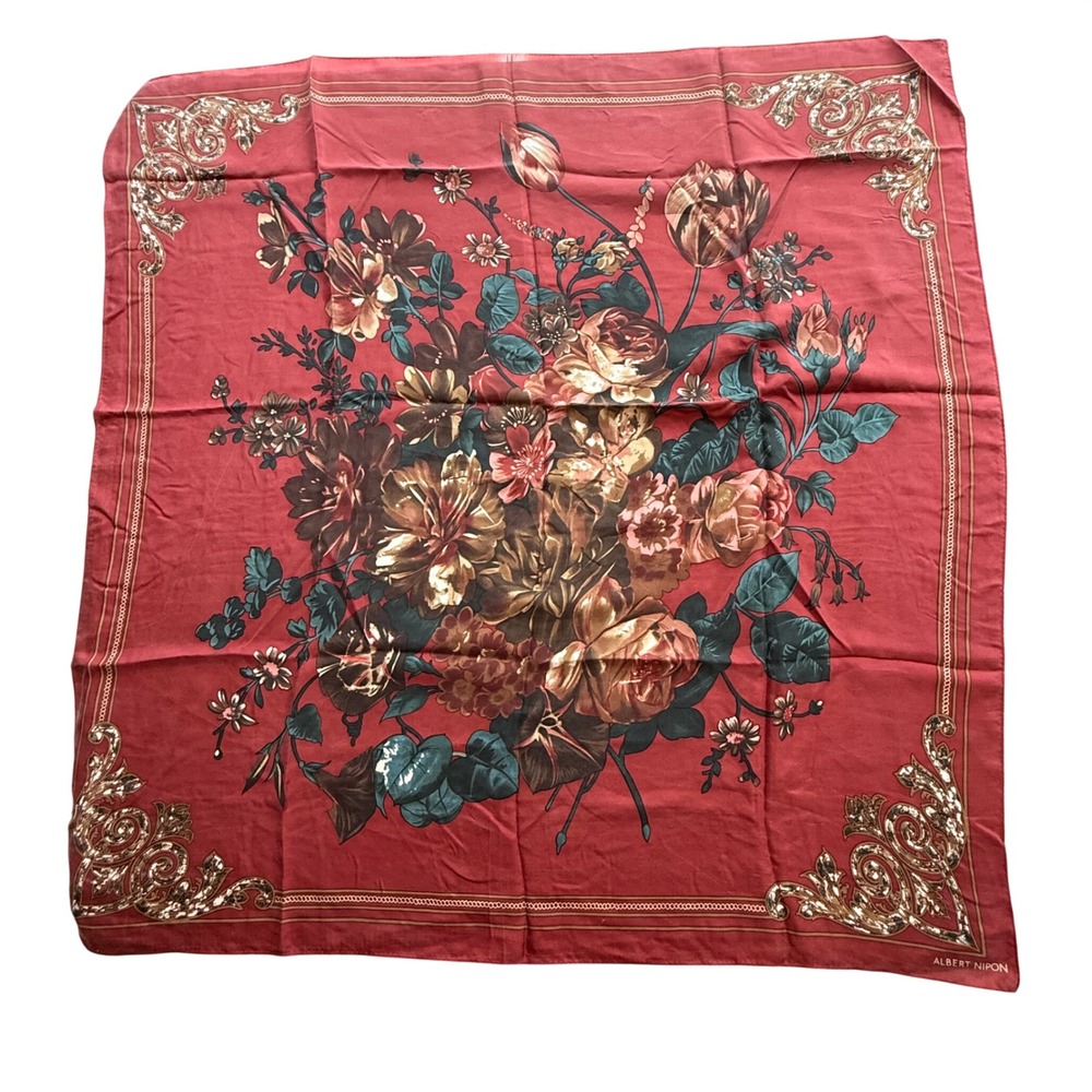 VTG Albert Nipon Scarf Women Red Gold Floral Filigree Silk Scarf Cottagecore